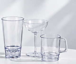 Clear tumbler, coupe and handled mug
