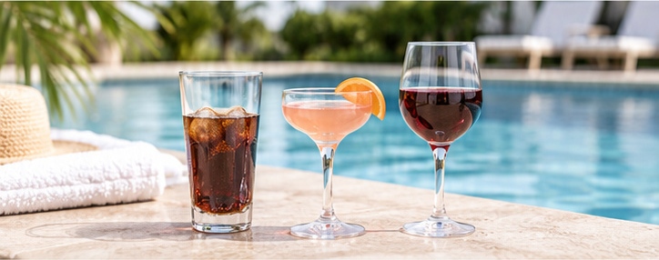 Tall drink glass, cocktail coupe and wine glass beside a hotel pool
