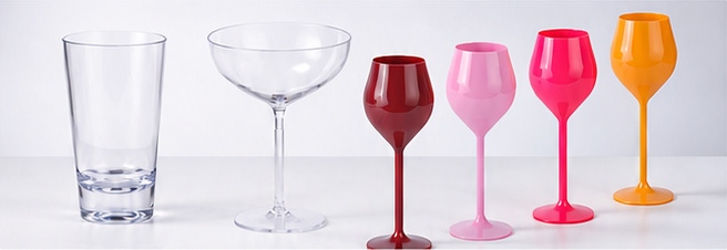 Clear highball, coupe and red, pink and orange wine goblets