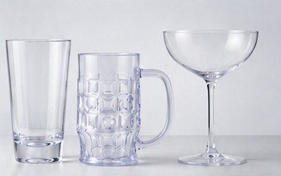 Clear highball, handled mug and coupe