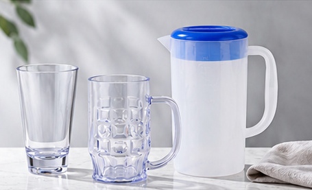 Reusable tumbler, handled mug and pitcher with blue lid
